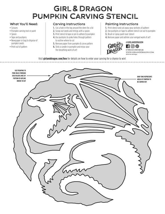 Trick and Treat Girl and Dragon Pumpkin Stencil