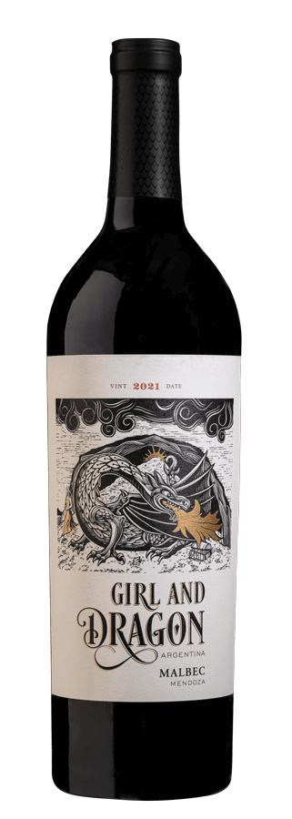Bottle of Girl & Dragon Malbec wine showing the label, which features a detailed illustration of a dragon and girl.