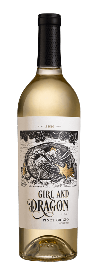 Bottle of Girl & Dragon Pinot Grigio wine showing the label, which features a detailed illustration of a dragon and girl.